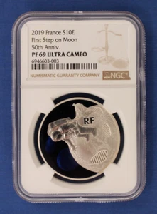 2019 France Silver Proof 10 Euro "Moonlanding Anniversary " NGC PF69 with COA - Picture 1 of 3