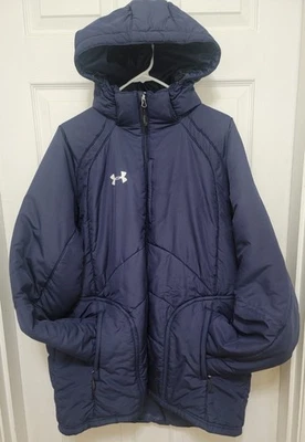 Under Armour Men's XL Puffer Down Bench Coat Navy Blue Hooded Long Winter - Image 1 of 4