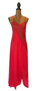 VTG Val Mode Red Lace Maxi Nightgown Small* Sexy Slip Peekaboo Front Slit USA - Picture 1 of 11