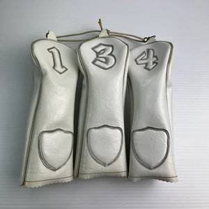 VINTAGE Golf Club Head Covers Faux Leather Vinyl White With Silver Piping - Picture 1 of 7