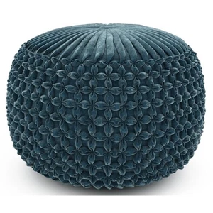 Simpli Home Renee Boho Round Pouf in Teal Velvet Fabric - Picture 1 of 6