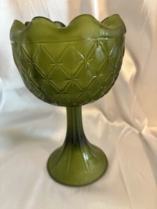 Vtg Indiana Glass RARE Frosted Green Pedestal Bowl Quilted Diamond Pattern 9” - Picture 1 of 8