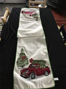 CHRISTMAS TABLE RUNNER TREE W/ RED TRUCK SCARF DRESSER TOPPER LINEN EMBRODERY - Picture 1 of 12