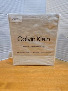 Calvin Klein 4-teiliges Queen Bettwäsche Set 300 TC 100 % Baumwollsatin Webart Beige Neu mit Etikett - Bild 1 von 9