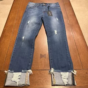 NWT Risen Jeans Womens 9/29 Blue Mid Rise Straight Leg Raw Hem Stretch Denim - Picture 1 of 6