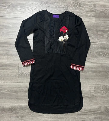 SANA SAFINAZ Black Floral Embroidered Cotton Kurti XS Designer Tunic Shirt Dress - Image 1 of 4