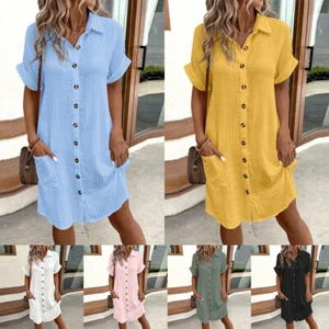 Ladies Summer Button Down T Shirt Dress Casual Short Sleeve V-Neck Shirt Dress - Picture 1 of 28
