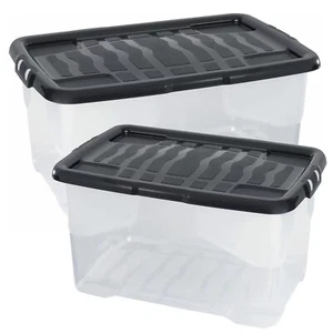4 x 42 Litre Large Curve Plastic Storage Stackable Boxes With Black Lids - Imagen 1 de 3