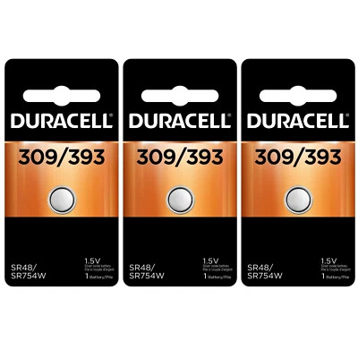 3 baterías Duracell de óxido de plata 309/393 (G5, SR48, G5A, SR754, SR754W, LR750) Foto 1 de 2