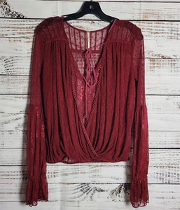 Free People Far Away Lace Sheer Red/Wine Long Sleeve V-Neck Top S $98 HOLIDAY! - Picture 1 of 9