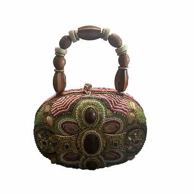 Bolso de mano vintage Mary Frances con cuentas joya - mango de madera colorido Foto 1 de 4