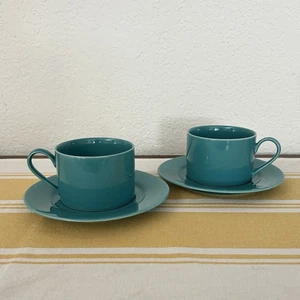 Crate & Barrel Espresso Cups & Saucers Set of 2 – Teal Green 6oz Mugs - Picture 1 of 9