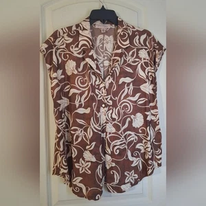 Anthropologie Brown and Cream Floral Button Down Shirt Sz L TROPICAL NEUTRAL - Picture 1 of 7