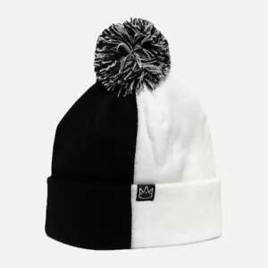 Half Black White 2 Two Tone Split POM POM Beanie Knit Cuff Cap Hat | JAY RAULER - Picture 1 of 5
