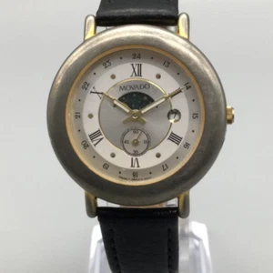Vtg Movado Moon Phase Watch Men 35mm Gold Tone Date Leather Band New Battery - Picture 1 of 15