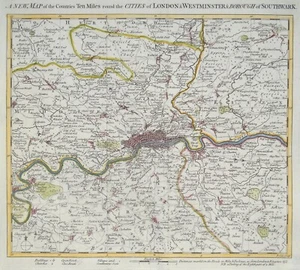 Antique Map LONDON, Countries Ten Miles Round, Maitland, Cole, Original 1756 - Picture 1 of 4