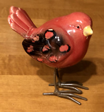 Small Red Stoneware Ceramic Bird with Metal Feet