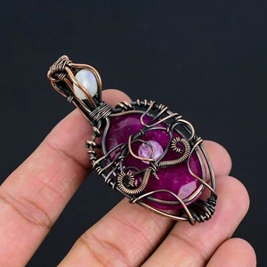 Copper Oval Ruby Moonstone Wire Wrap July Mother Handmade Unique Pendant Jewelry - Picture 1 of 8