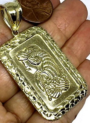 GOLd Lady Fortuna nugget good luck 10k pendant charm necklace solid gift bar 2" - Image 1 of 4