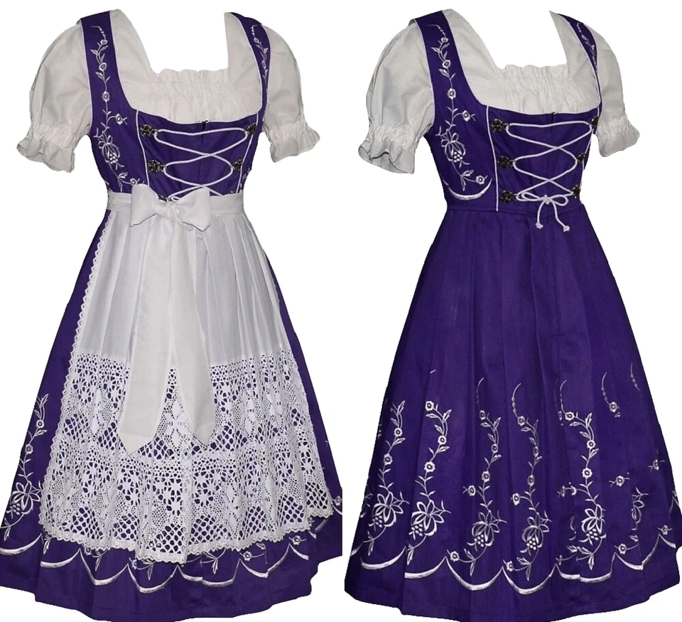 XL 18 Vestido Largo Dirndl Alemán Púrpura Bordado Conjunto de 3 piezas Oktoberfest Camarera Foto 1 de 4