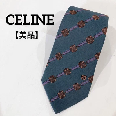 Celine Green Silk Striped Tie with Logo Pattern Men's Business & Formal Used - Image 1 of 4