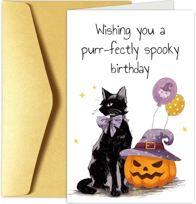 Chenive Black Cat & Pumpkin Birthday Card, Funny Halloween