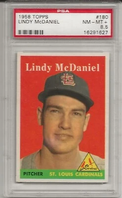 1958 TOPPS #180 LINDY MCDANIEL, PSA 8.5 NM-MT+, ST. LOUIS CARDINALS, L@@K ! - Image 1 of 2
