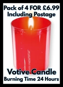 4 VOTIVE TABLE CANDLES IN RED HOLDERS - RELIGIOUS PICTURES & KEYRINGS LISTED - Picture 1 of 1