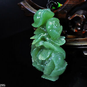 100% Natural Hand-carved Jade Pendant Jadeite Necklace peony flower&Ruyi 295i