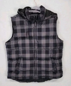 Covingto Puffer Vest Men's Sz XL Black / GreyPlaid 100% Polyester Full Zip Hood - Picture 1 of 17