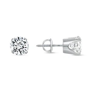 2.50 Ct Round Cut Earrings Crown Set Studs Real Solid 14K White Gold Screw Back - Picture 1 of 1