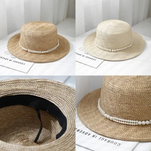 Cappello donna moda piatto con fascia perle paglia tesa larga estivo spiaggia sole berretto - Foto 1 di 12