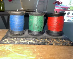 Cast Iron Spool Holder w/ 3 Cast Iron Spools of Thread; Red, Green, & Blue: 4.5" - Picture 1 of 3