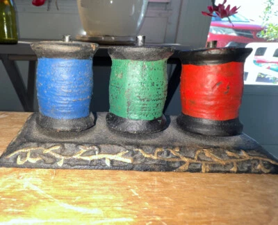 Cast Iron Spool Holder w/ 3 Cast Iron Spools of Thread; Red, Green, & Blue: 4.5" - Image 1 of 3