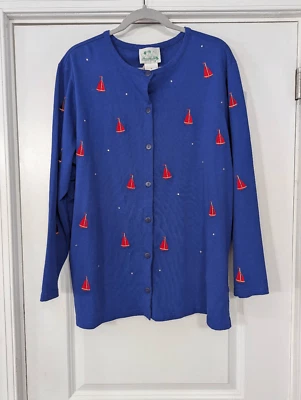 Quacker Factory Sailboat Cardigan women's 1X blue red novelty studs cotton artsy - Image 1 of 4