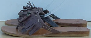 BERTIE DARK BROWN LEATHER SLIP ON TASSELLED T BAR STRAP SANDALS SIZE UK 5 EU 38 - Picture 1 of 12
