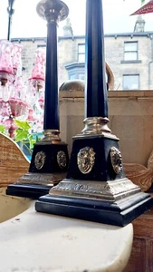 Bombay Empire Large Column Candle Stick Holders Quality Silver And Black Vintage - Picture 1 of 24