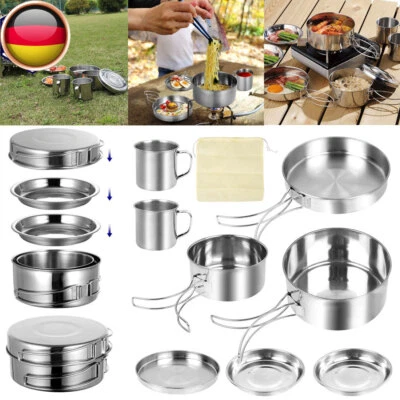 8 Stück Edelstahl Camping Kochgeschirr Kit Kochtopf Geschirr Topf Set 2-3 Person