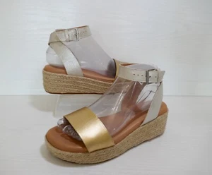 CLARKS "KIMMEI IVY" GOLD METALLIC COMBI LEATHER WEDGE ANKLE STRAP SANDALS UK 4D - Picture 1 of 14