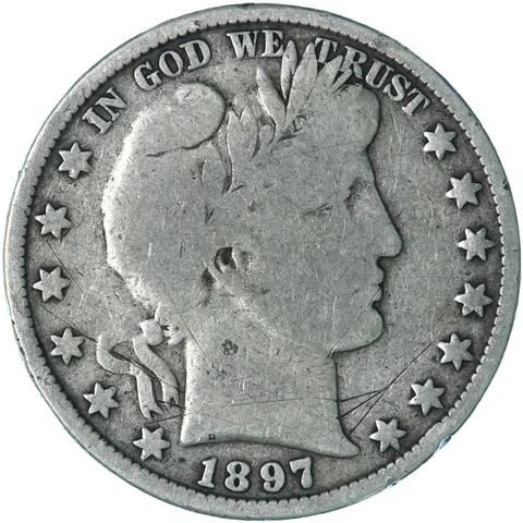 1897 (P) Barber Half Dollar 90% Silver Very Good VG Scratches See Pics E476 Cover