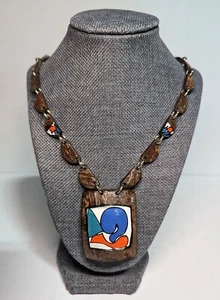 Vintage 1970s Hawaiian Tiki Coconut Shell Hand Painted Necklace Bird Fish Blue - Picture 1 of 7