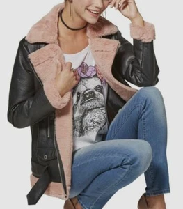$198 Joujou Women's Black Faux-Leather Moto Asymmetrical Full-Zip Coat Jacket M - Picture 1 of 2