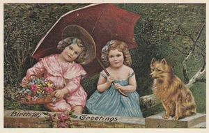 ca 1910 Geburtstag Postkarte zwei Kinder unter rotem Regenschirm und Hund KV - Bild 1 von 2