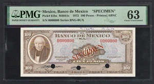 Mexico 100 Pesos 1972 P61hs "Specimen" Uncirculated Grade 63 - Picture 1 of 2