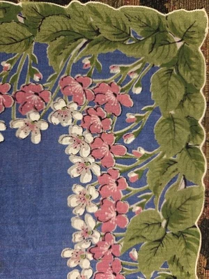 white & pink Posies on blue Handkerchief - Image 1 of 3