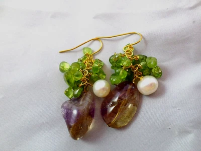 Pearl, peridot, Amethyst Earrings with Vermeil Gold Wire and Hooks - Image 1 of 2