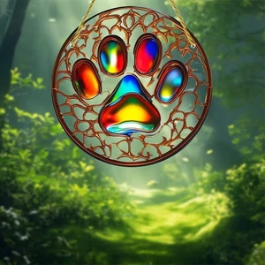 NEW 8" Paw Print Sun Catcher Stained Glass Style Dog Cat Pet Feet Window Hanger - Picture 1 of 4