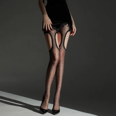 Oil Shiny Glossy Polka Dot Thigh Cut Out Pantyhose Tights Thin Sheer Stockings - Image 1 of 4