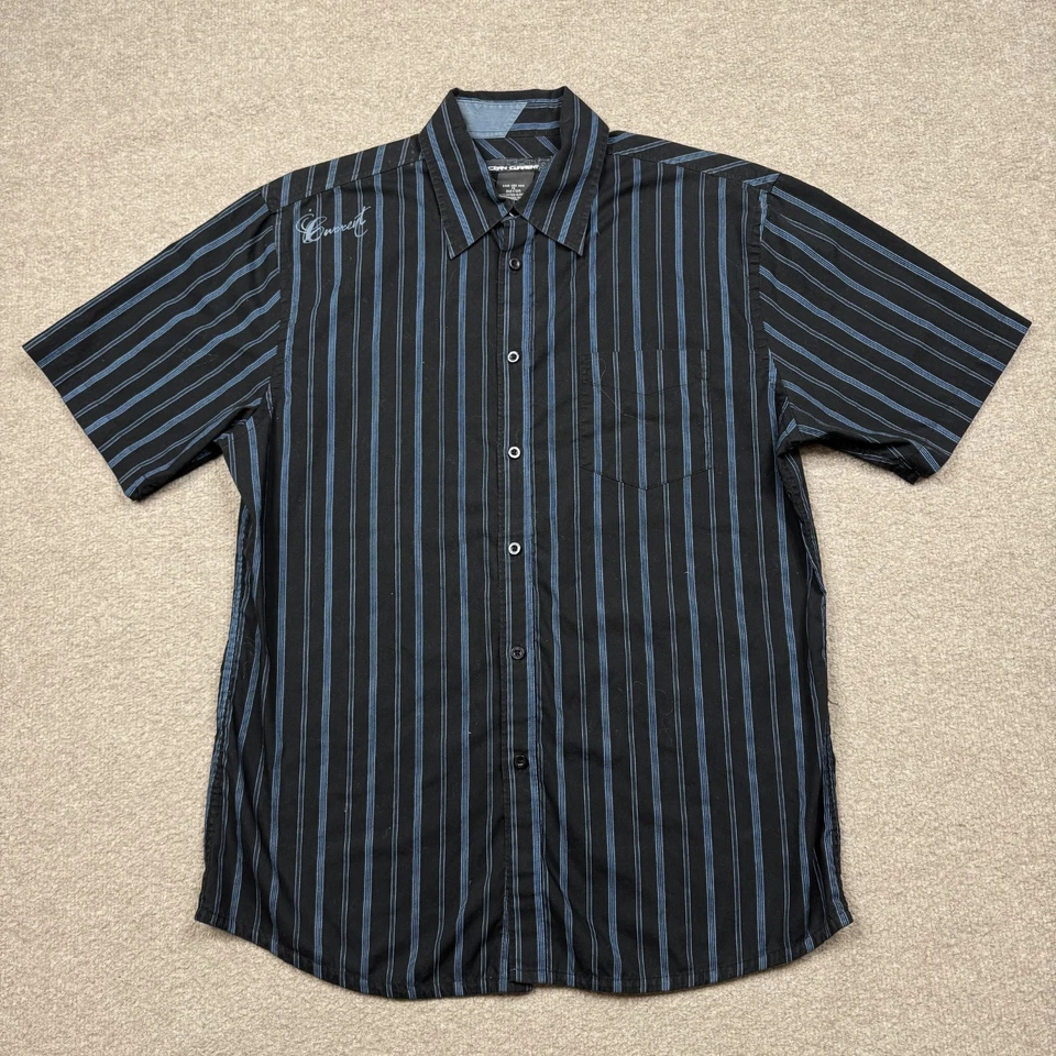 Vintage Ocean Current Button Up Shirt Men's Size L Black Short Sleeve Pinstriped - Image 1 of 4