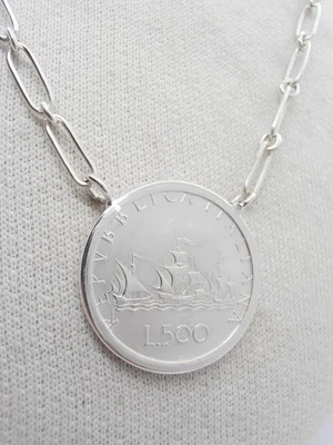 Collana in Argento 925 fatta a mano con 500 lire d'Argento - Ciondolo Caravelle - Immagine 1 di 4
